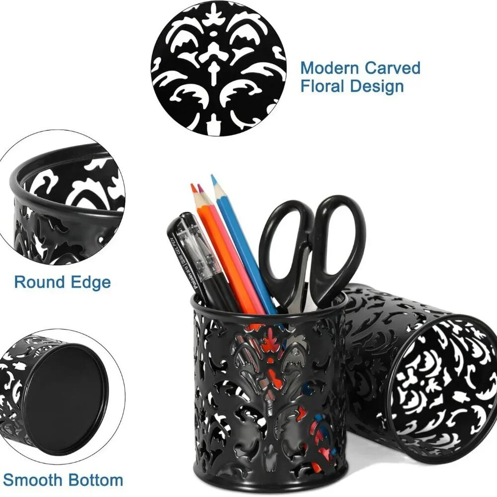 Metal Round Pencil Holder 2 Pack Black Pen Cup Holders Organizer for Desk - Picture 4 of 9